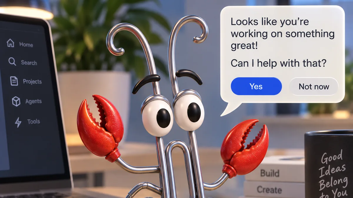 Illustration of a paperclip character with lobster claws next to a laptop, asking whether it can help